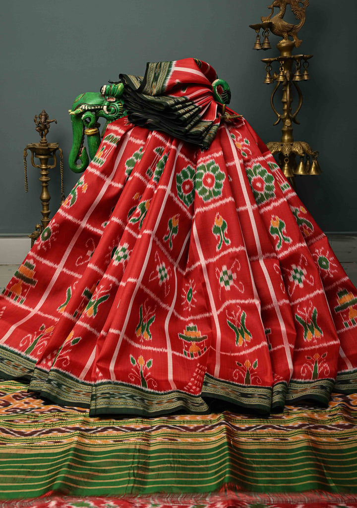 Red Handloom Sambalpuri Ikkat Silk Saree with Patola Brocade and Contrast Border | SILK MARK CERTIFIED
