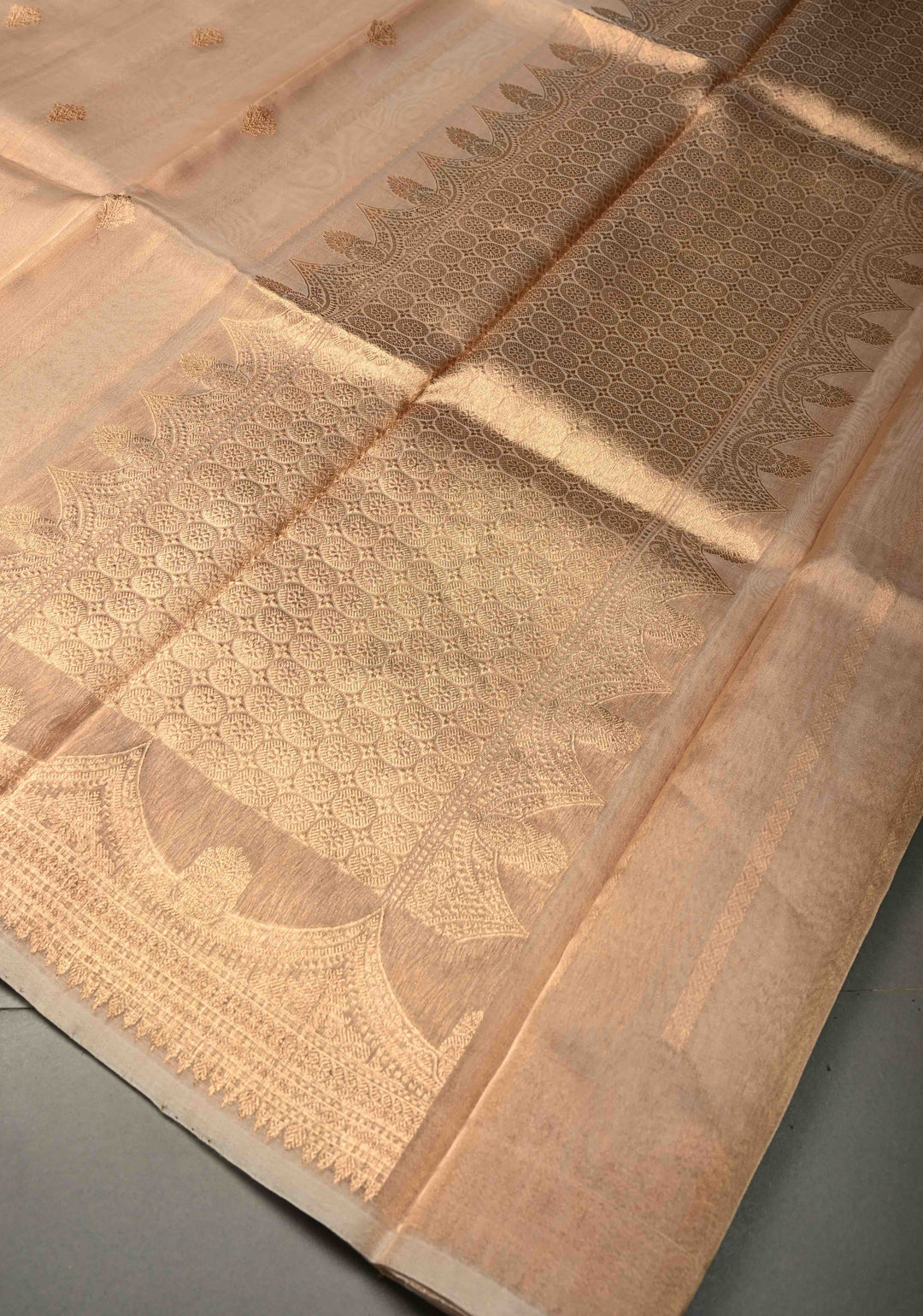 Beige Pure Banarasi Tissue Organza Silk Handloom Saree with Sona Rupa Zari Buttas and Scallop Zari Border | SILK MARK CERTIFIED | SHOBITAM