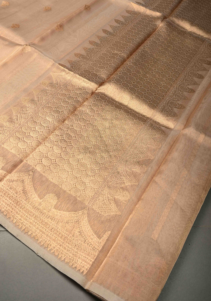 Beige Pure Banarasi Tissue Organza Silk Handloom Saree with Sona Rupa Zari Buttas and Scallop Zari Border | SILK MARK CERTIFIED | SHOBITAM