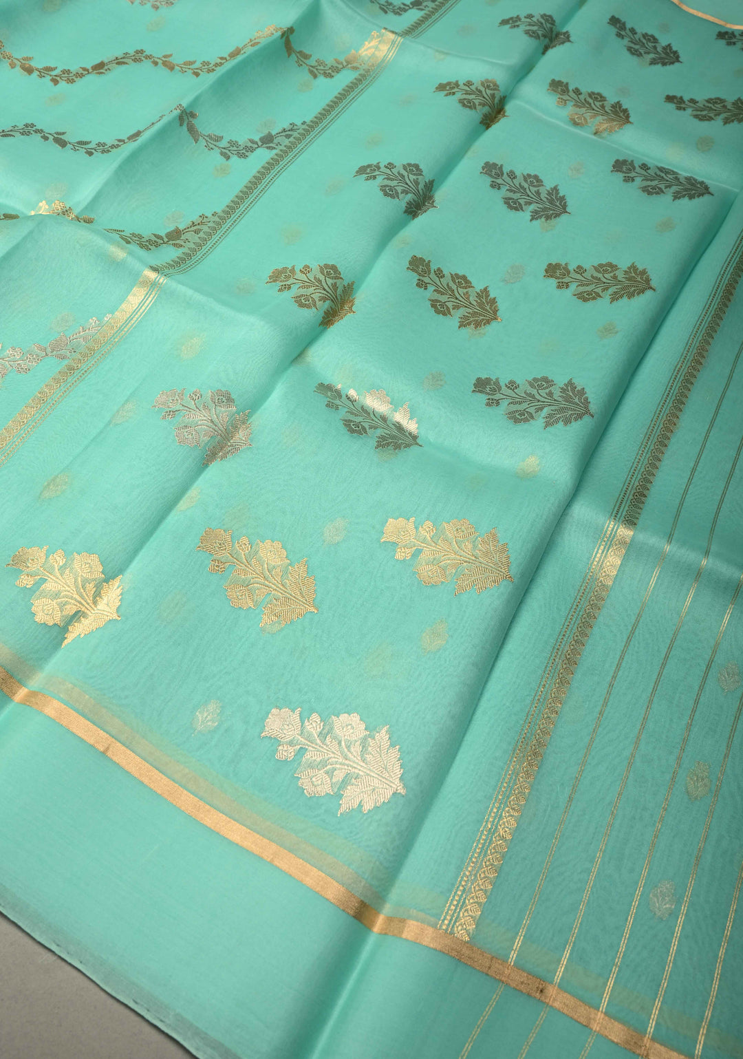 Light Mint Green Pure Banarasi Kora Silk Saree with Sona Rupa Leheria Design and Minimal Zari Border | SILK MARK CERTIFIED | SHOBITAM
