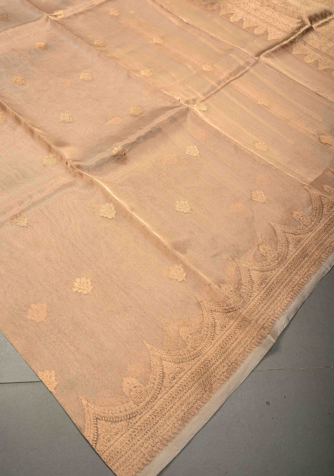 Beige Pure Banarasi Tissue Organza Silk Handloom Saree with Sona Rupa Zari Buttas and Scallop Zari Border | SILK MARK CERTIFIED | SHOBITAM