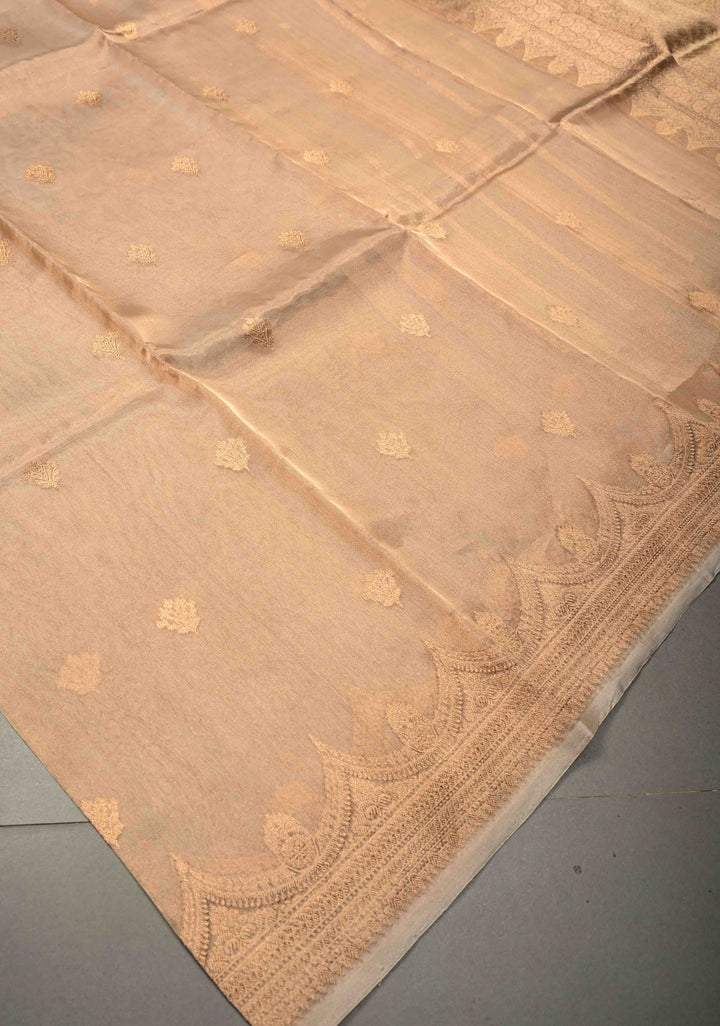 Beige Pure Banarasi Tissue Organza Silk Handloom Saree with Sona Rupa Zari Buttas and Scallop Zari Border | SILK MARK CERTIFIED | SHOBITAM