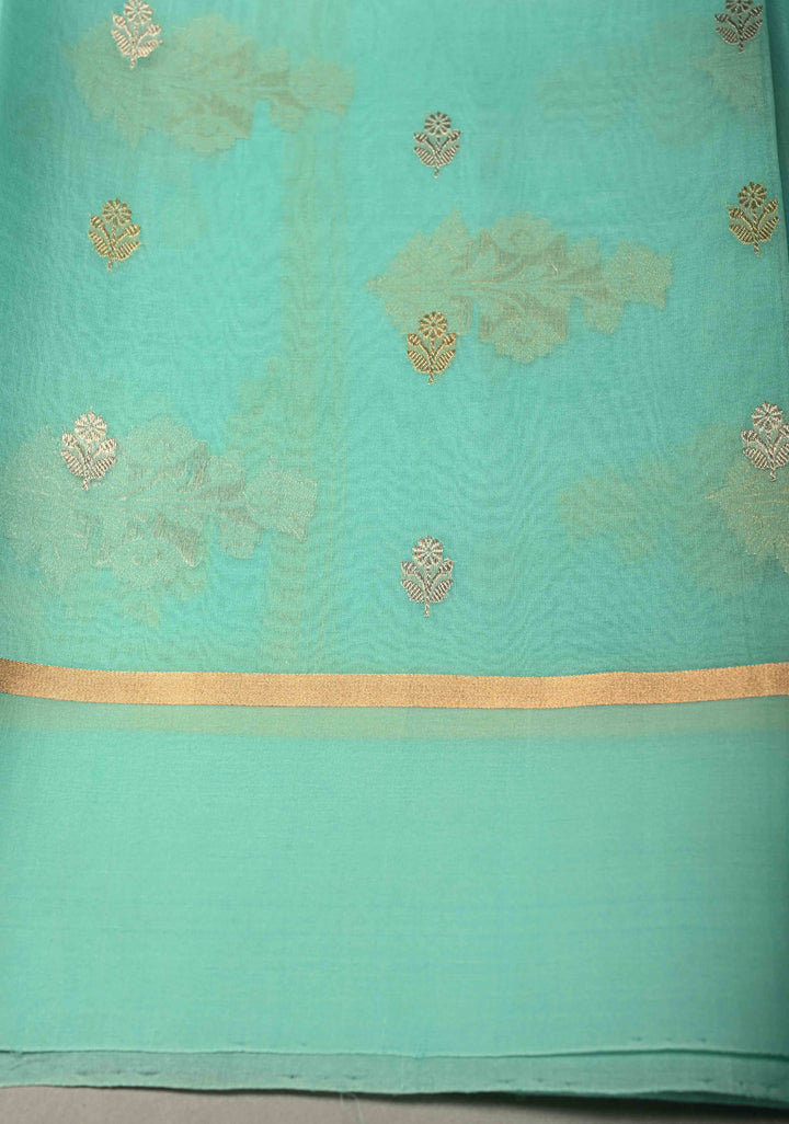 Light Mint Green Pure Banarasi Kora Silk Saree with Sona Rupa Leheria Design and Minimal Zari Border | SILK MARK CERTIFIED | SHOBITAM