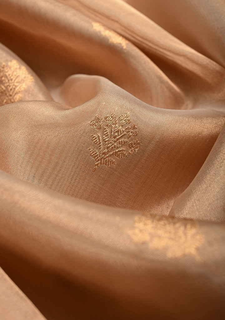 Beige Pure Banarasi Tissue Organza Silk Handloom Saree with Sona Rupa Zari Buttas and Scallop Zari Border | SILK MARK CERTIFIED | SHOBITAM