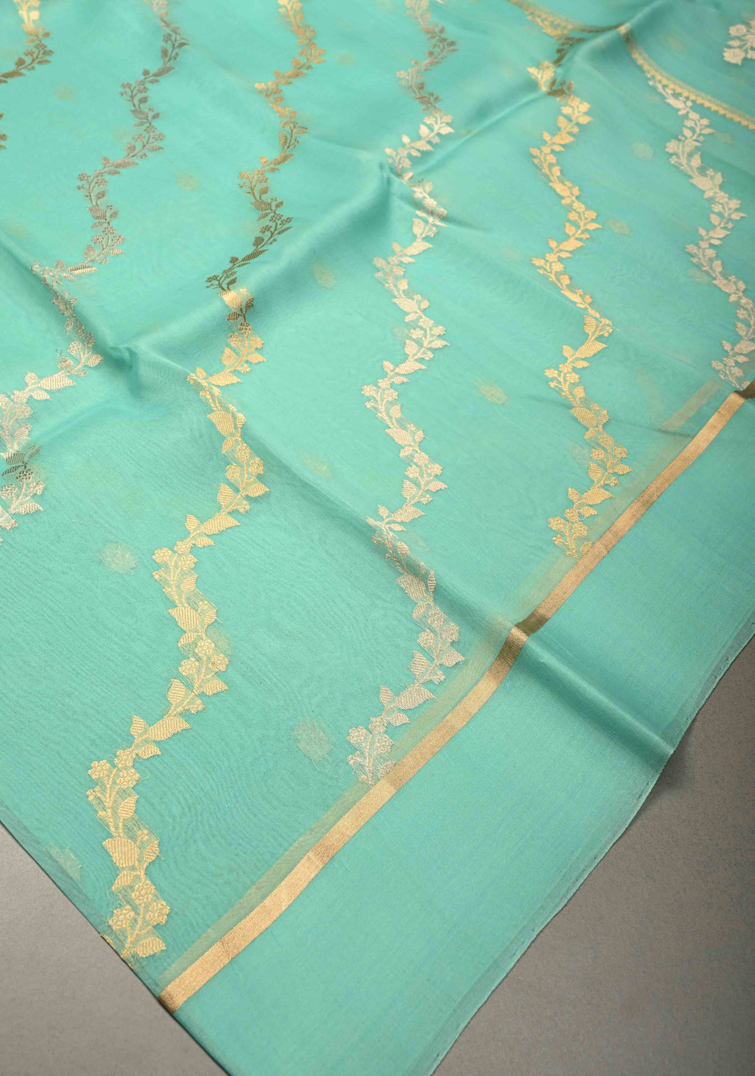 Light Mint Green Pure Banarasi Kora Silk Saree with Sona Rupa Leheria Design and Minimal Zari Border | SILK MARK CERTIFIED | SHOBITAM
