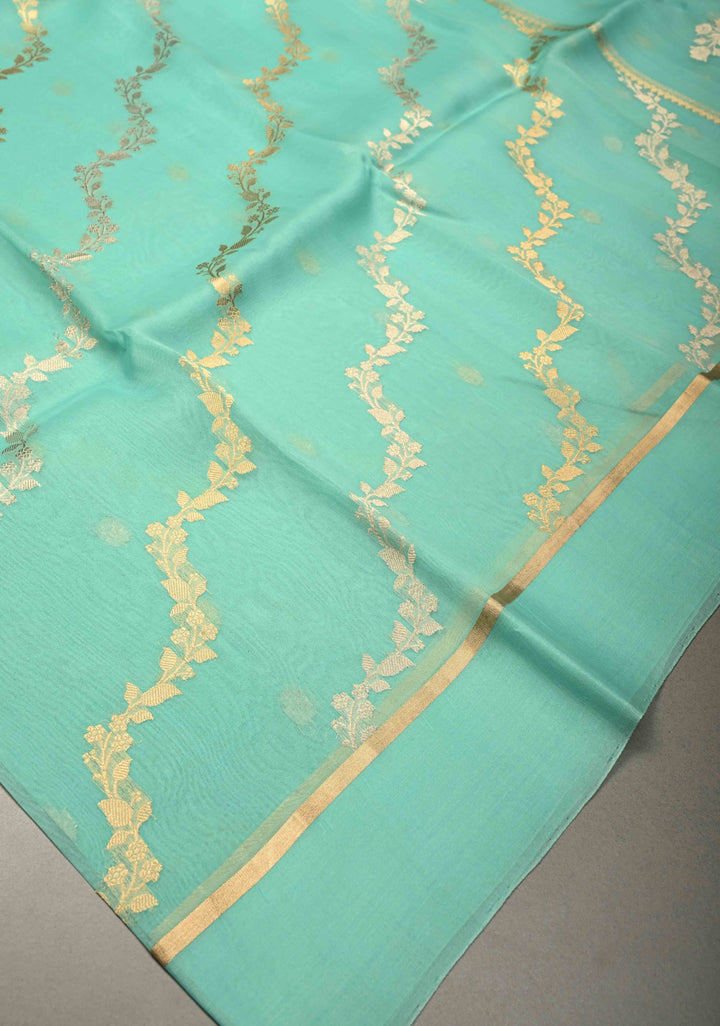 Light Mint Green Pure Banarasi Kora Silk Saree with Sona Rupa Leheria Design and Minimal Zari Border | SILK MARK CERTIFIED | SHOBITAM