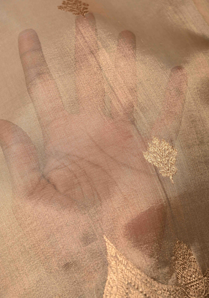 Beige Pure Banarasi Tissue Organza Silk Handloom Saree with Sona Rupa Zari Buttas and Scallop Zari Border | SILK MARK CERTIFIED | SHOBITAM