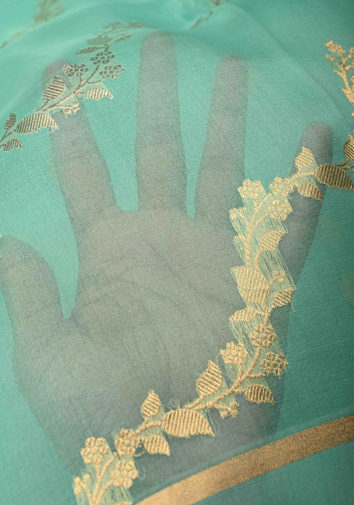 Light Mint Green Pure Banarasi Kora Silk Saree with Sona Rupa Leheria Design and Minimal Zari Border | SILK MARK CERTIFIED | SHOBITAM