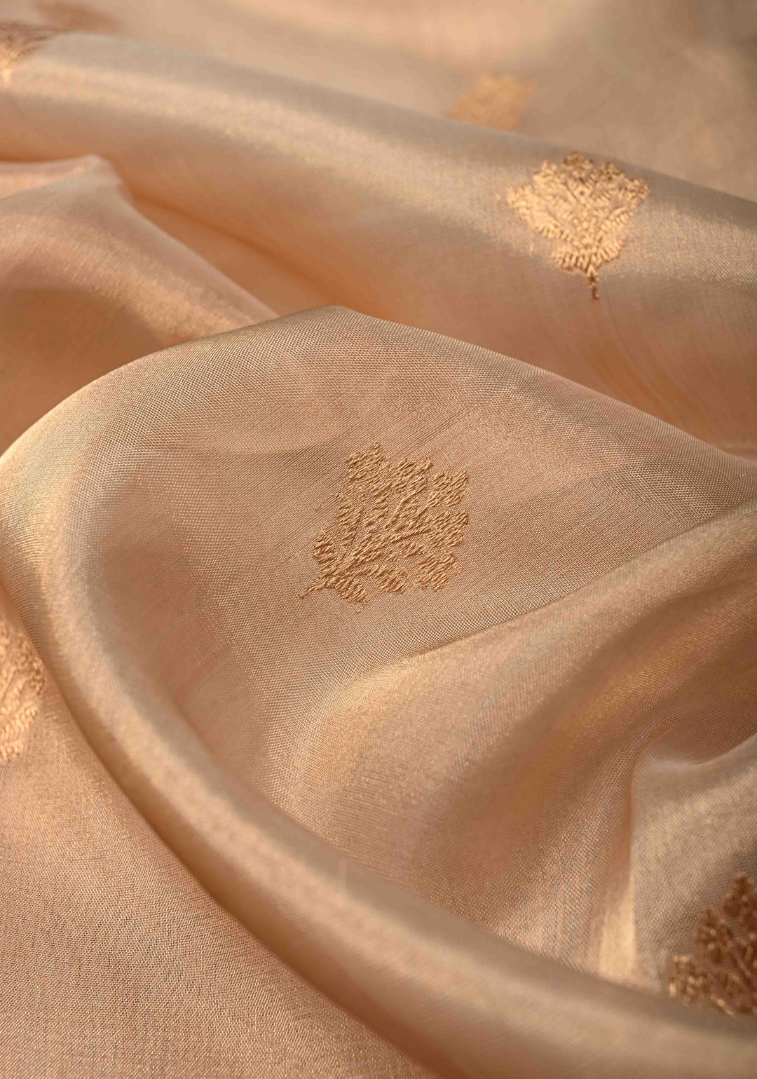 Beige Pure Banarasi Tissue Organza Silk Handloom Saree with Sona Rupa Zari Buttas and Scallop Zari Border | SILK MARK CERTIFIED | SHOBITAM