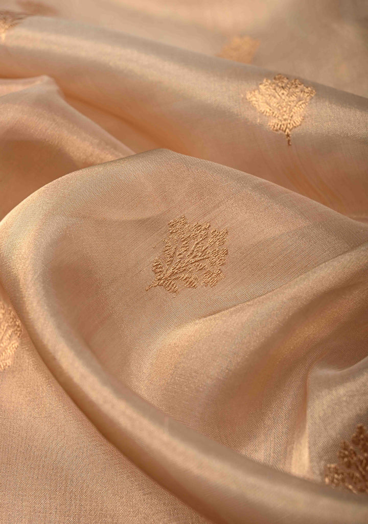 Beige Pure Banarasi Tissue Organza Silk Handloom Saree with Sona Rupa Zari Buttas and Scallop Zari Border | SILK MARK CERTIFIED | SHOBITAM