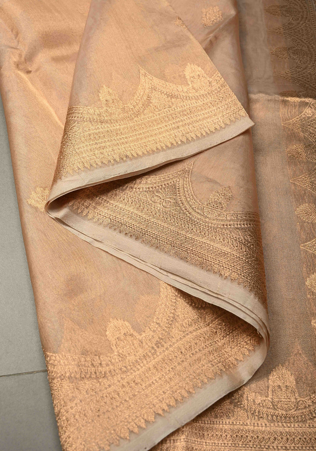 Beige Pure Banarasi Tissue Organza Silk Handloom Saree with Sona Rupa Zari Buttas and Scallop Zari Border | SILK MARK CERTIFIED | SHOBITAM