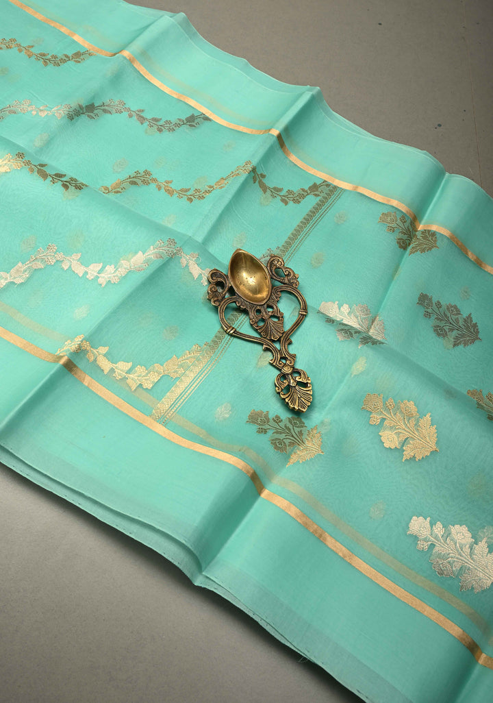 Light Mint Green Pure Banarasi Kora Silk Saree with Sona Rupa Leheria Design and Minimal Zari Border | SILK MARK CERTIFIED | SHOBITAM