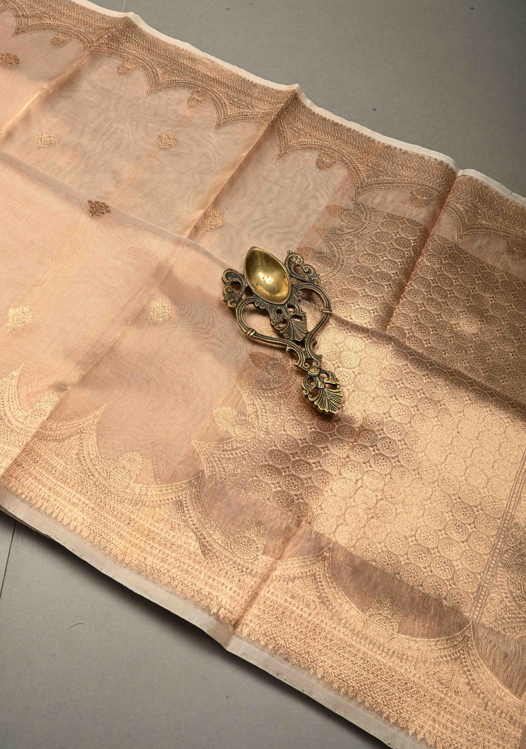 Beige Pure Banarasi Tissue Organza Silk Handloom Saree with Sona Rupa Zari Buttas and Scallop Zari Border | SILK MARK CERTIFIED | SHOBITAM