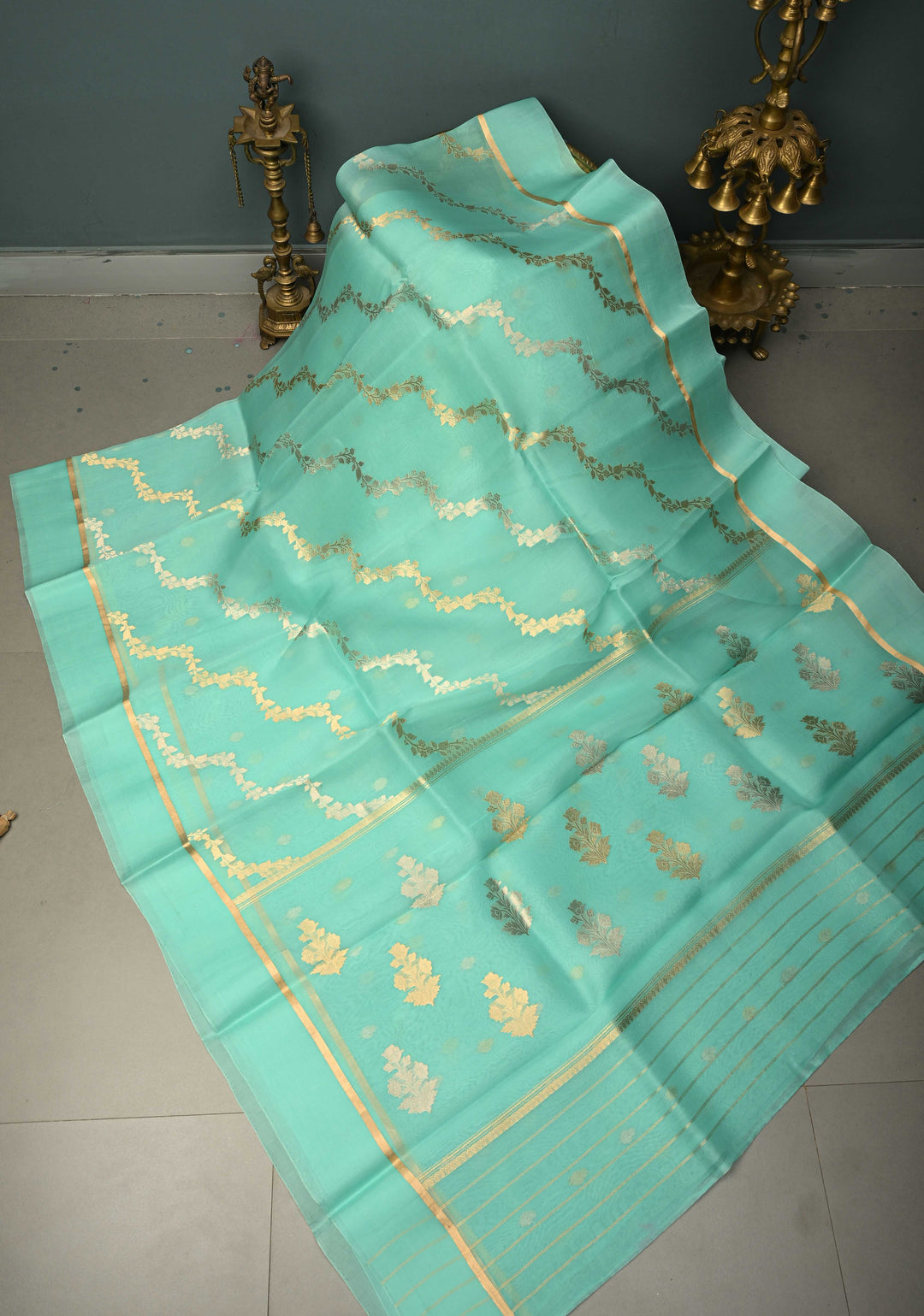 Light Mint Green Pure Banarasi Kora Silk Saree with Sona Rupa Leheria Design and Minimal Zari Border | SILK MARK CERTIFIED | SHOBITAM