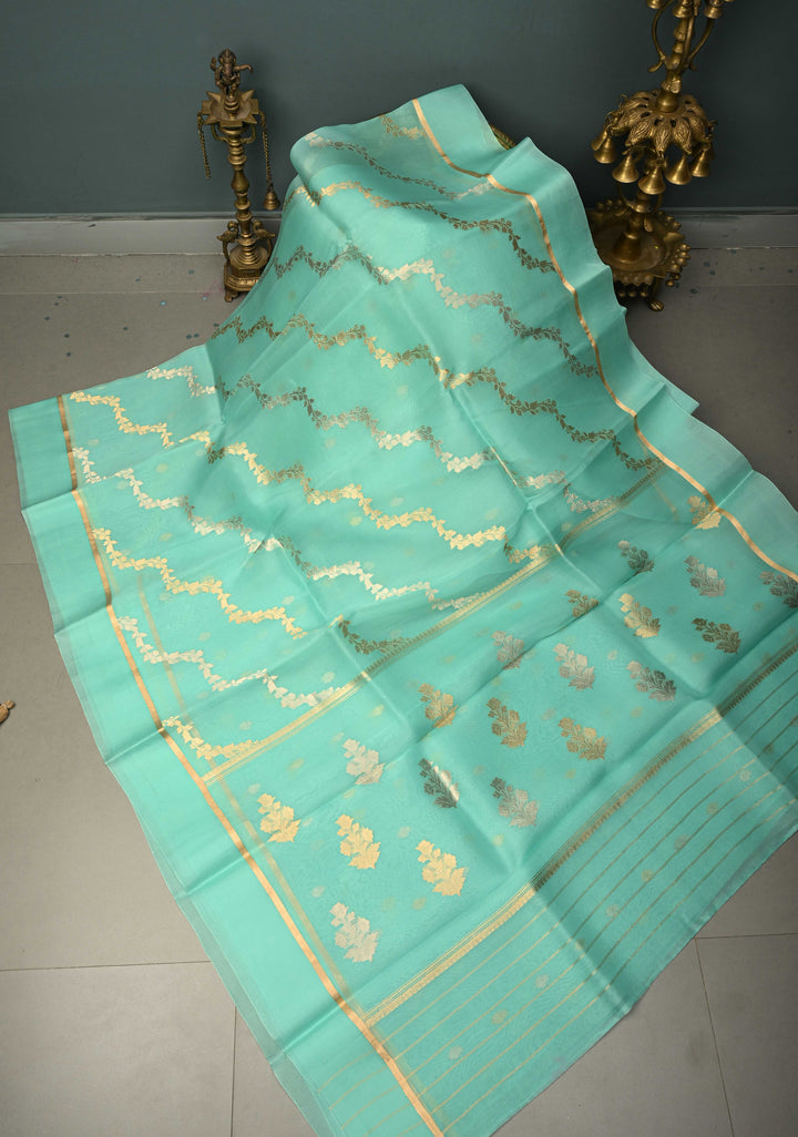 Light Mint Green Pure Banarasi Kora Silk Saree with Sona Rupa Leheria Design and Minimal Zari Border | SILK MARK CERTIFIED | SHOBITAM