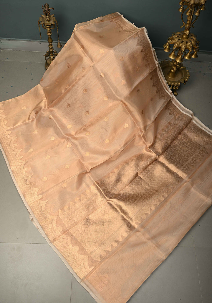 Beige Pure Banarasi Tissue Organza Silk Handloom Saree with Sona Rupa Zari Buttas and Scallop Zari Border | SILK MARK CERTIFIED | SHOBITAM