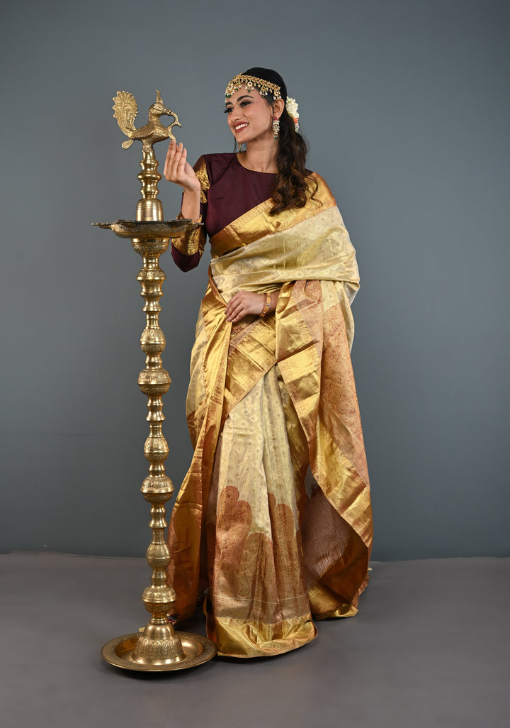 Golden Brocade Tissue Kanjivaram Pure Silk Saree With Zari Border | SILK MARK CERTIFIED