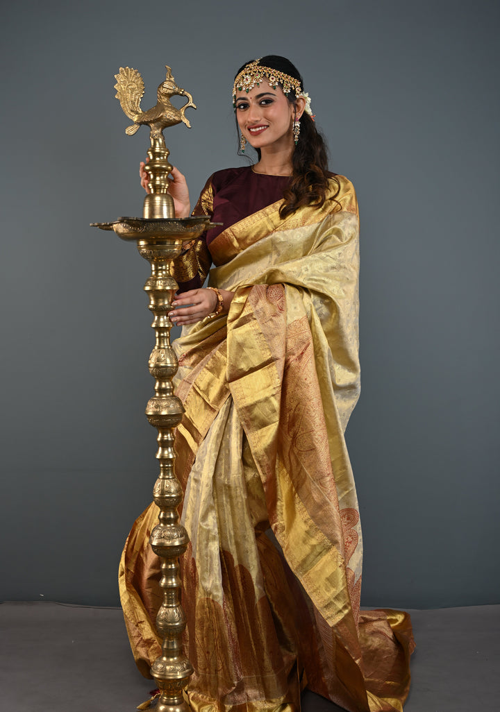 Golden Brocade Tissue Kanjivaram Pure Silk Saree With Zari Border | SILK MARK CERTIFIED