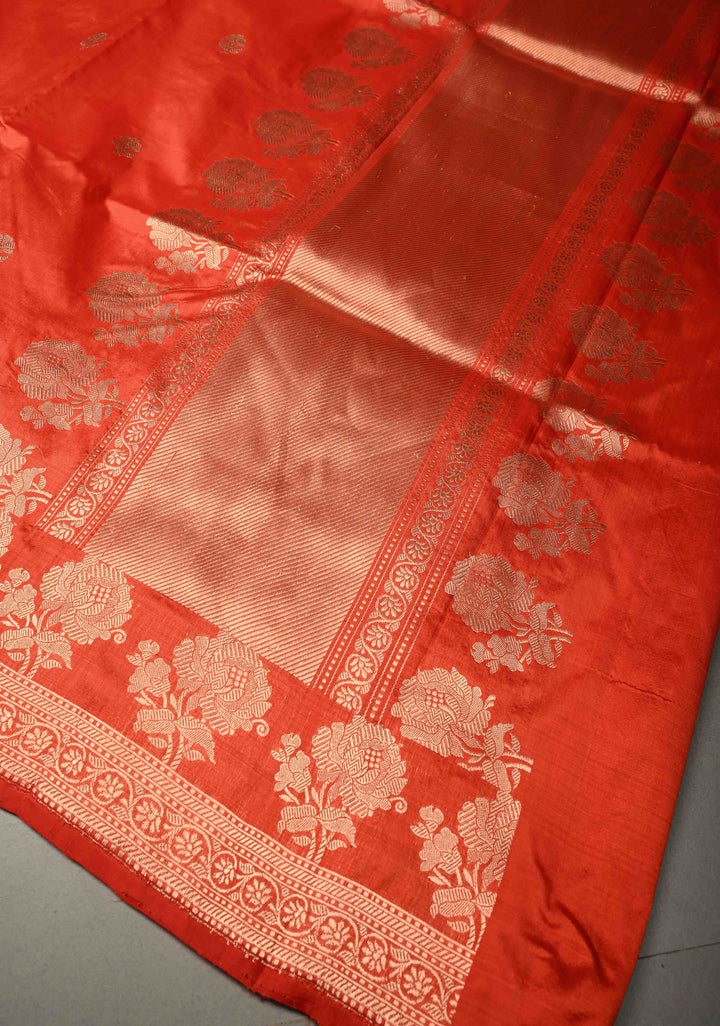 Orange Banarasi Katan Silk Saree with Floral Zari Buttas and Zari Border | SILK MARK CERTIFIED | SHOBITAM