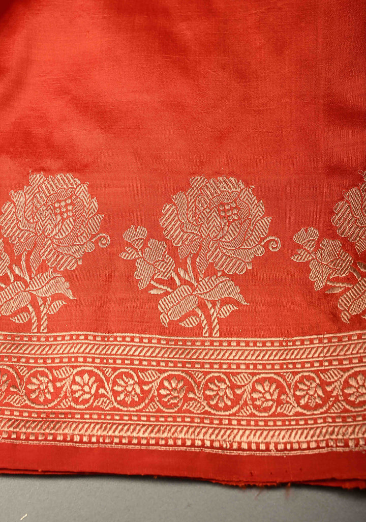 Orange Banarasi Katan Silk Saree with Floral Zari Buttas and Zari Border | SILK MARK CERTIFIED | SHOBITAM