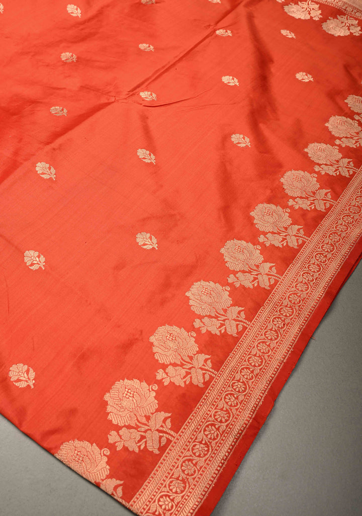 Orange Banarasi Katan Silk Saree with Floral Zari Buttas and Zari Border | SILK MARK CERTIFIED | SHOBITAM