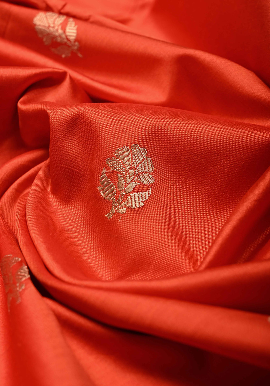 Orange Banarasi Katan Silk Saree with Floral Zari Buttas and Zari Border | SILK MARK CERTIFIED | SHOBITAM