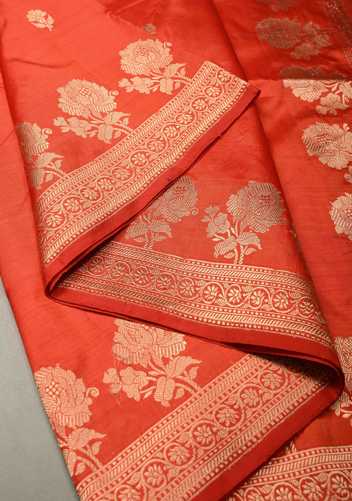 Orange Banarasi Katan Silk Saree with Floral Zari Buttas and Zari Border | SILK MARK CERTIFIED | SHOBITAM