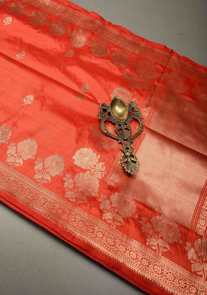 Orange Banarasi Katan Silk Saree with Floral Zari Buttas and Zari Border | SILK MARK CERTIFIED | SHOBITAM