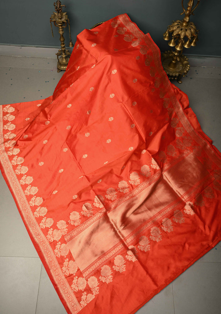 Orange Banarasi Katan Silk Saree with Floral Zari Buttas and Zari Border | SILK MARK CERTIFIED | SHOBITAM