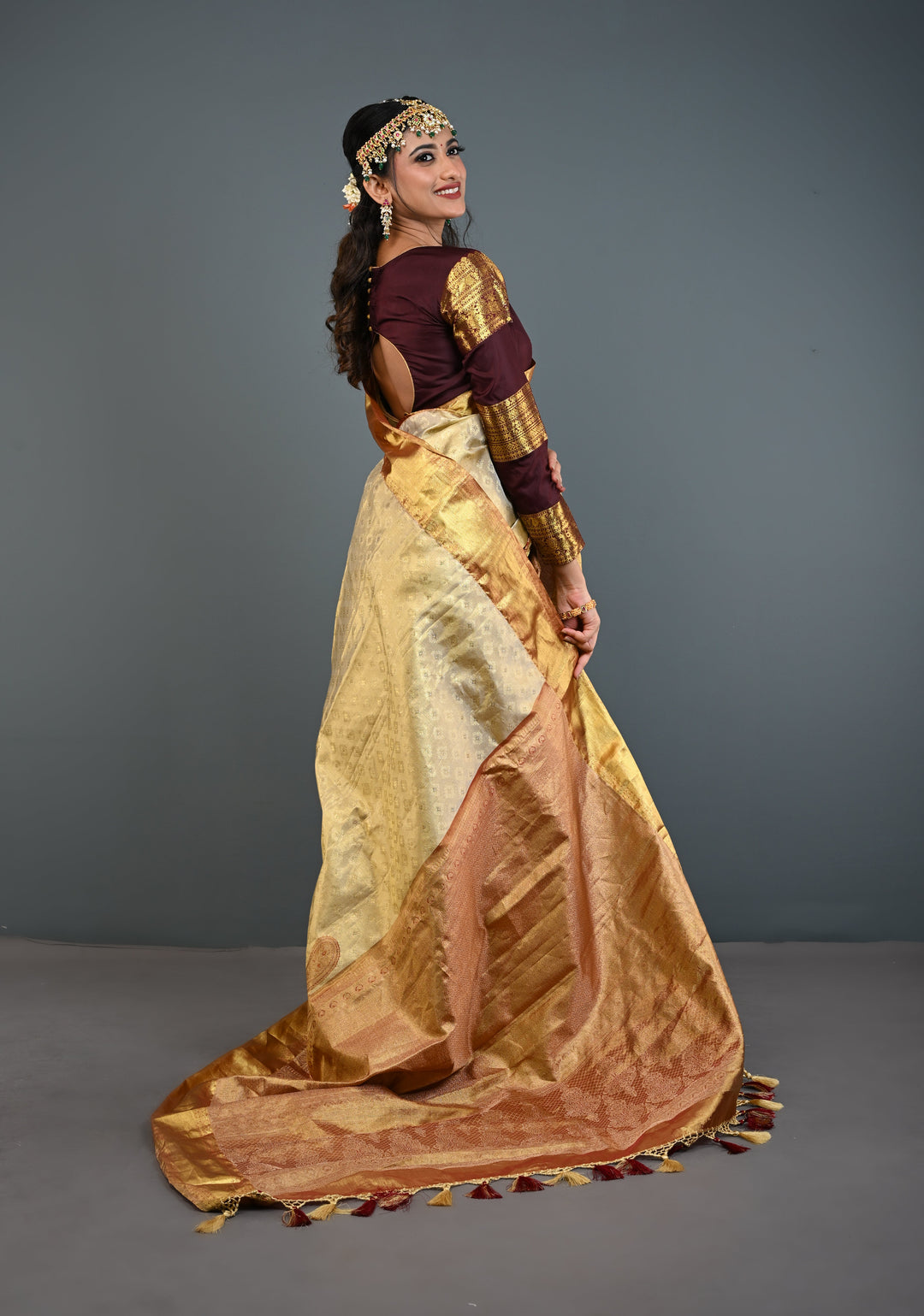 Golden Brocade Tissue Kanjivaram Pure Silk Saree With Zari Border | SILK MARK CERTIFIED