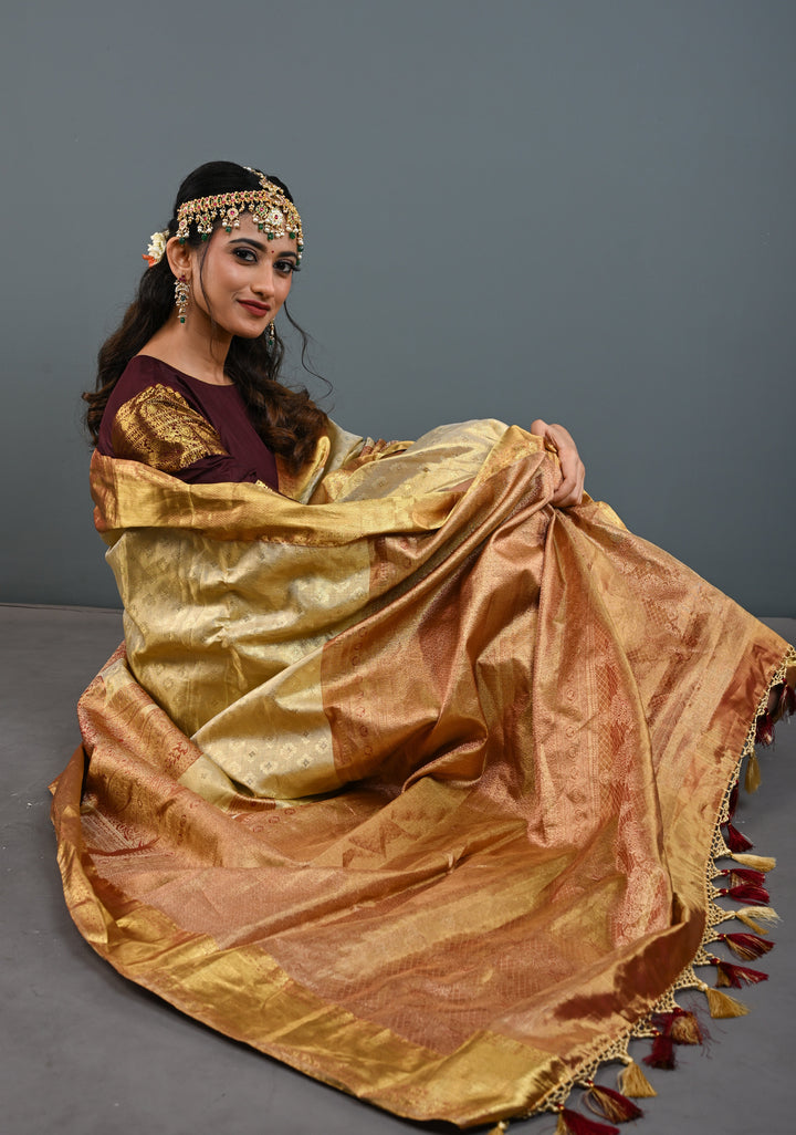 Golden Brocade Tissue Kanjivaram Pure Silk Saree With Zari Border | SILK MARK CERTIFIED