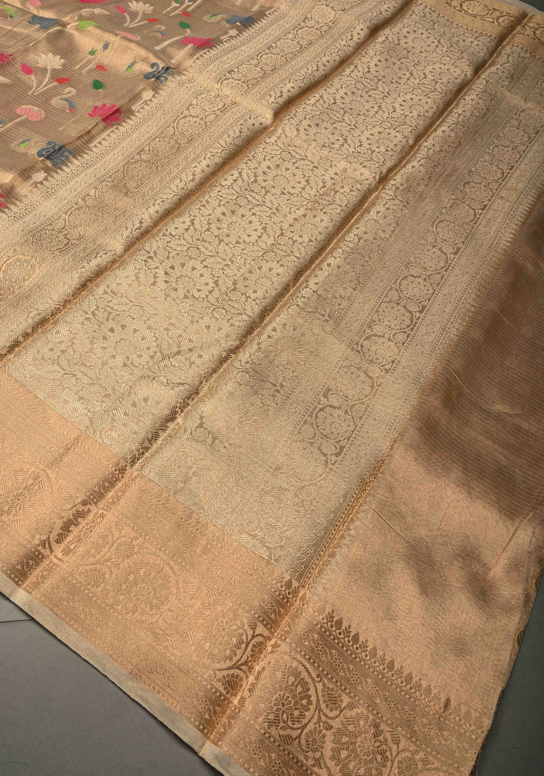 Gold Kota Tissue Banarasi Saree with Meenakari Brocade and Zari Border | SILK MARK CERTIFIED | SHOBITAM