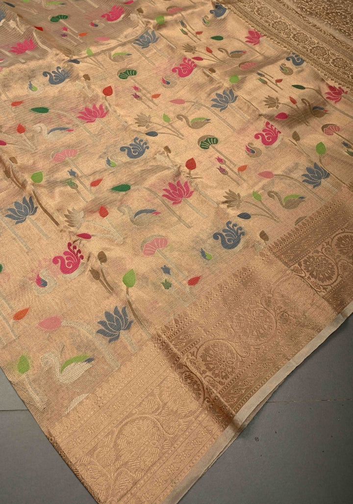 Gold Kota Tissue Banarasi Saree with Meenakari Brocade and Zari Border | SILK MARK CERTIFIED | SHOBITAM