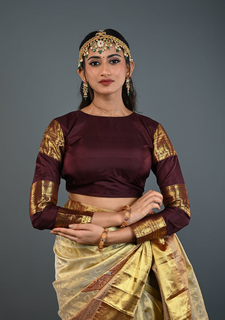 Chocolate Brown Pure Silk Blouse with 3 Zari Panels Full Sleeves and Boat Neck, Customizable, Made to Order