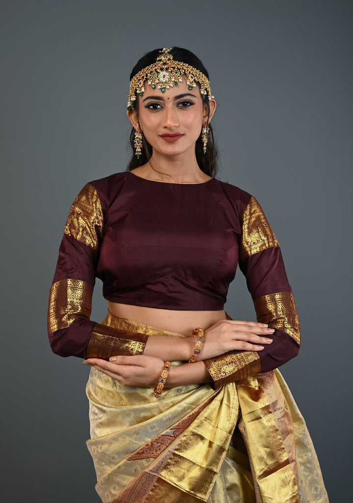 Chocolate Brown Pure Silk Blouse with 3 Zari Panels Full Sleeves and Boat Neck, Customizable, Made to Order