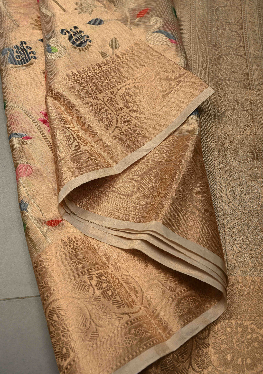 Gold Kota Tissue Banarasi Saree with Meenakari Brocade and Zari Border | SILK MARK CERTIFIED | SHOBITAM