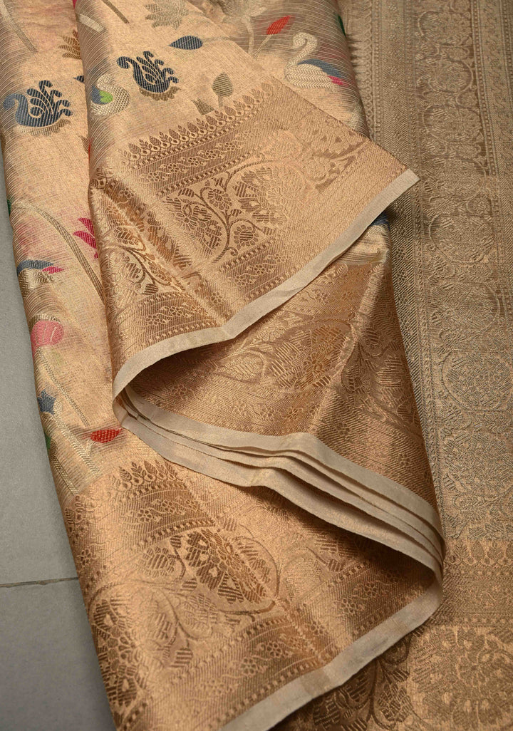 Gold Kota Tissue Banarasi Saree with Meenakari Brocade and Zari Border | SILK MARK CERTIFIED | SHOBITAM
