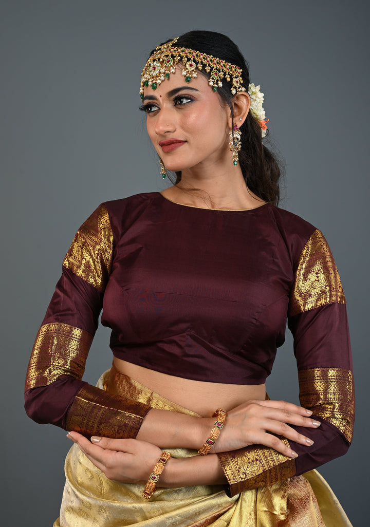 Chocolate Brown Pure Silk Blouse with 3 Zari Panels Full Sleeves and Boat Neck, Customizable, Made to Order