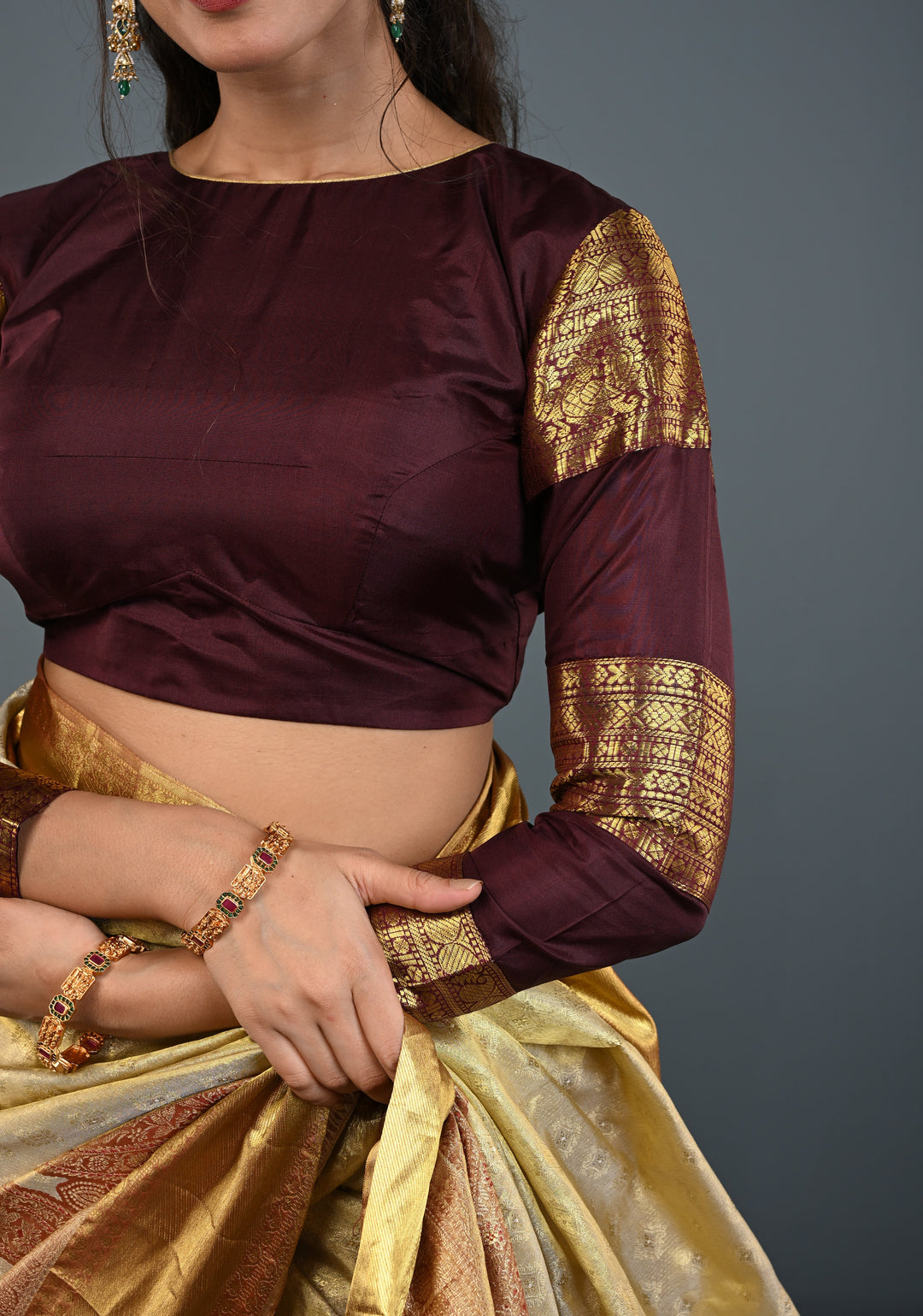 Chocolate Brown Pure Silk Blouse with 3 Zari Panels Full Sleeves and Boat Neck, Customizable, Made to Order