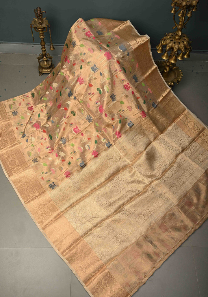 Gold Kota Tissue Banarasi Saree with Meenakari Brocade and Zari Border | SILK MARK CERTIFIED | SHOBITAM