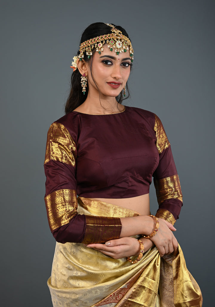 Chocolate Brown Pure Silk Blouse with 3 Zari Panels Full Sleeves and Boat Neck, Customizable, Made to Order