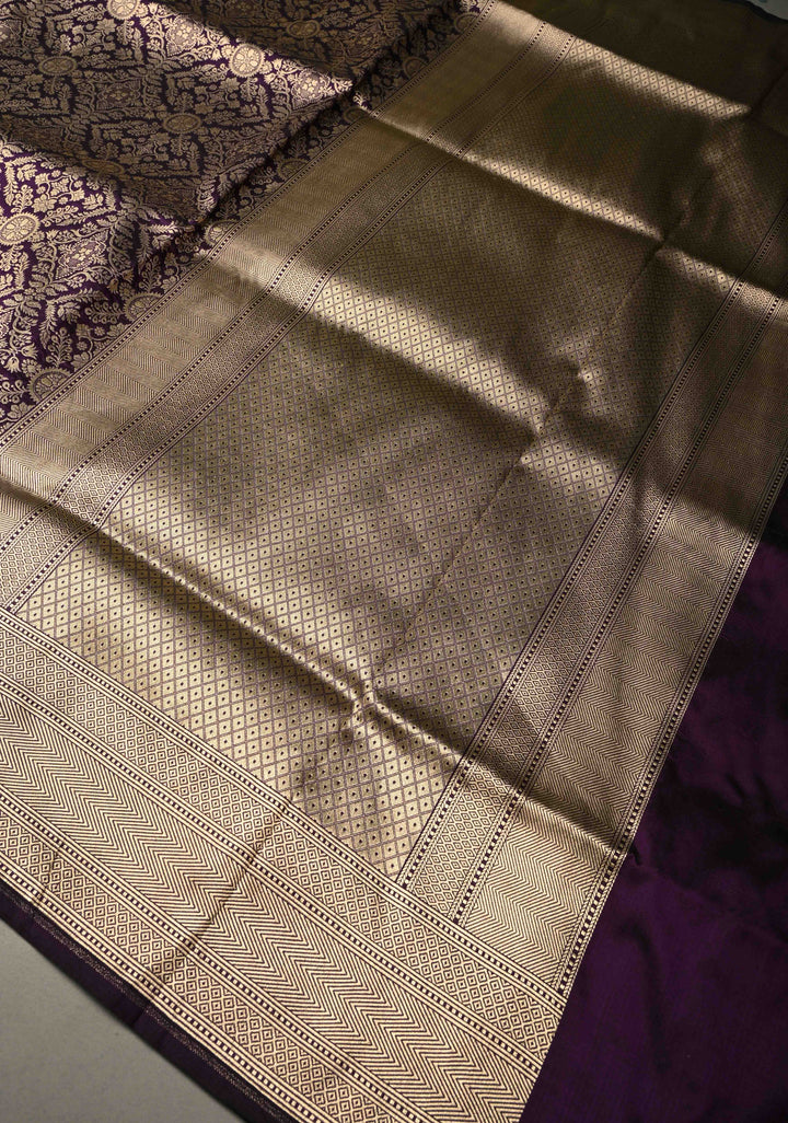Eggplant Purple Banarasi Katan Silk Saree with Zari Brocade and Zari Border | SILK MARK CERTIFIEDl | SHOBITAM