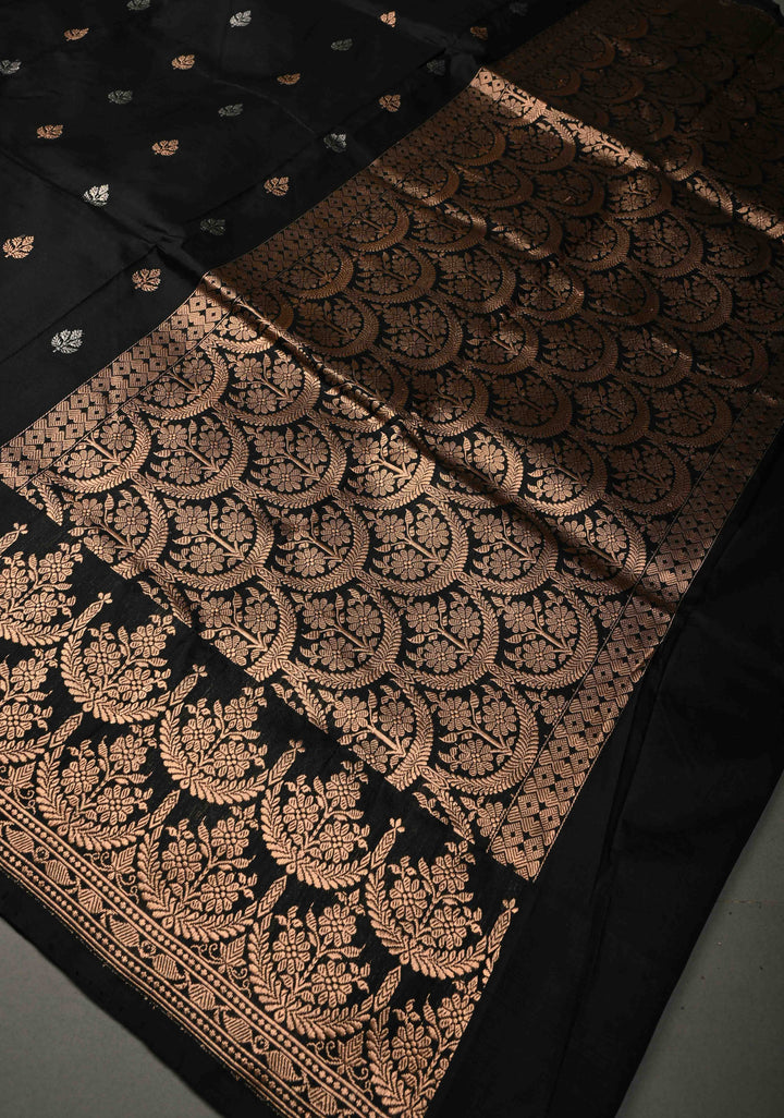 Black Katan Silk Handloom Saree with Sona Rupa Zari Buttas and Scallop Zari Border | SILK MARK CERTIFIED | SHOBITAM