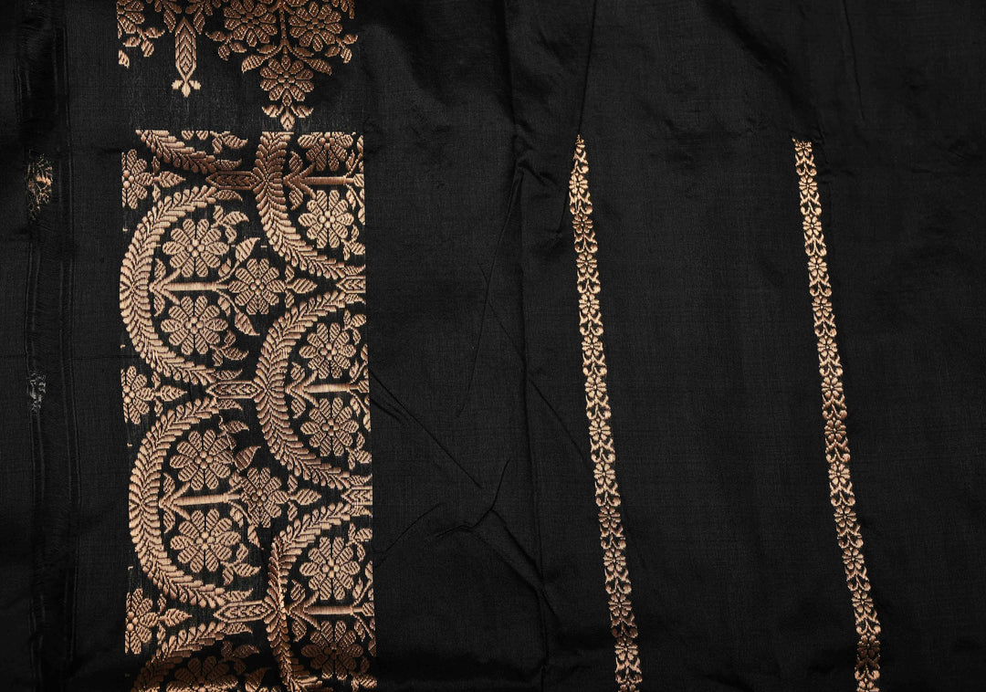 Black Katan Silk Handloom Saree with Sona Rupa Zari Buttas and Scallop Zari Border | SILK MARK CERTIFIED | SHOBITAM