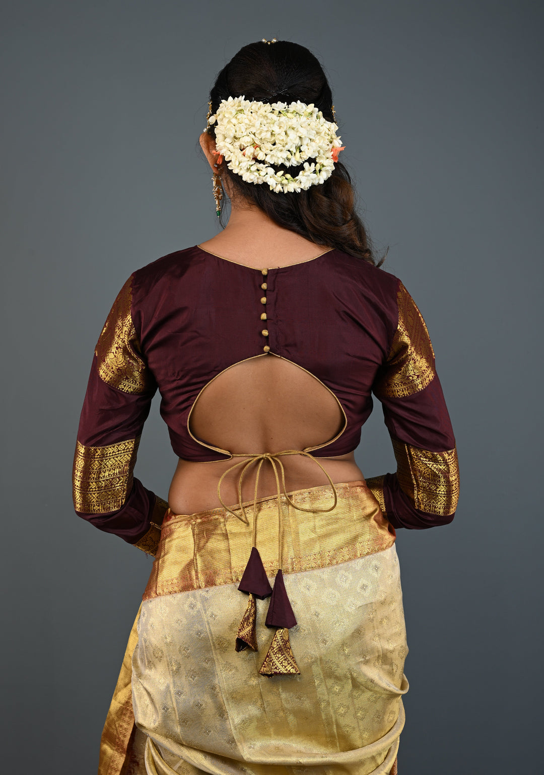 Chocolate Brown Pure Silk Blouse with 3 Zari Panels Full Sleeves and Boat Neck, Customizable, Made to Order