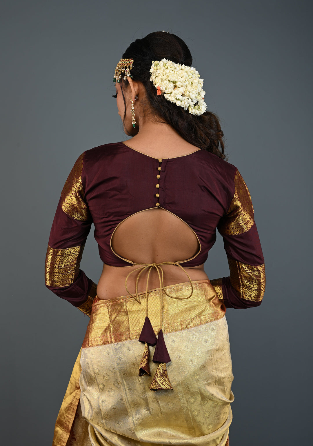 Chocolate Brown Pure Silk Blouse with 3 Zari Panels Full Sleeves and Boat Neck, Customizable, Made to Order