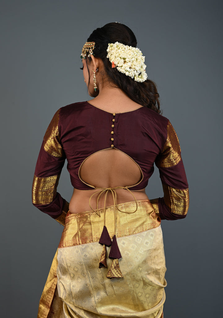 Chocolate Brown Pure Silk Blouse with 3 Zari Panels Full Sleeves and Boat Neck, Customizable, Made to Order
