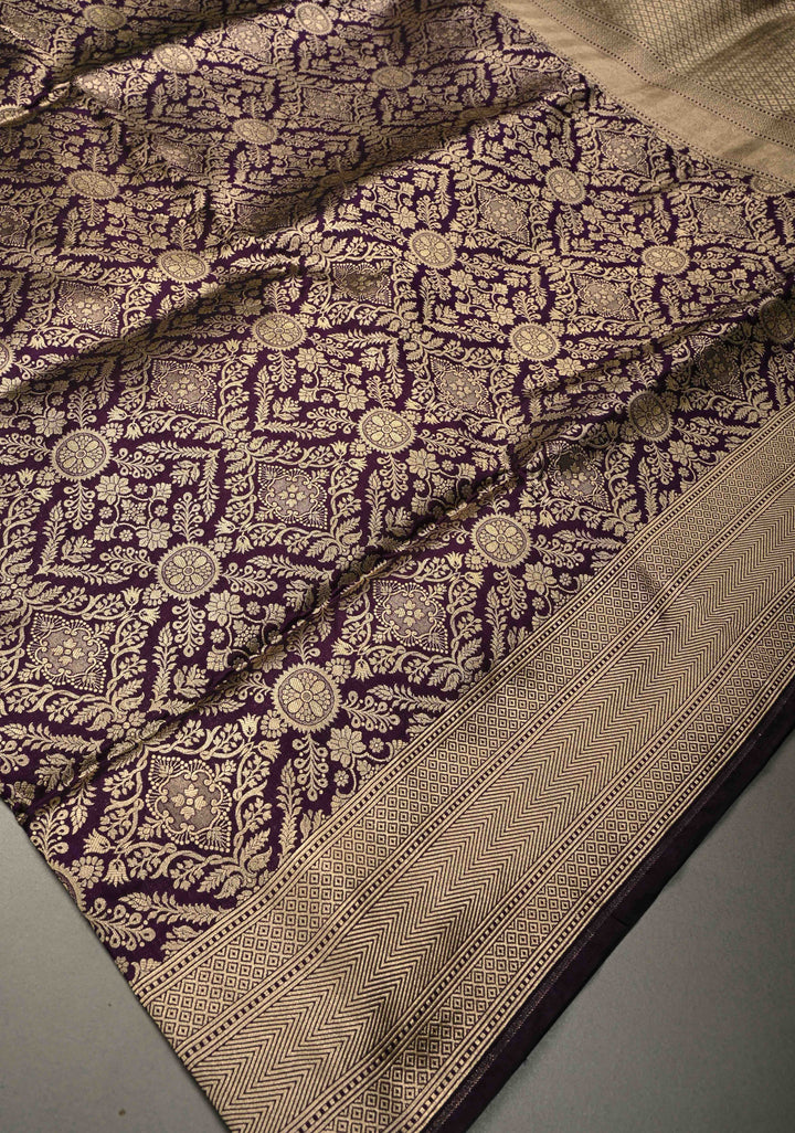 Eggplant Purple Banarasi Katan Silk Saree with Zari Brocade and Zari Border | SILK MARK CERTIFIEDl | SHOBITAM