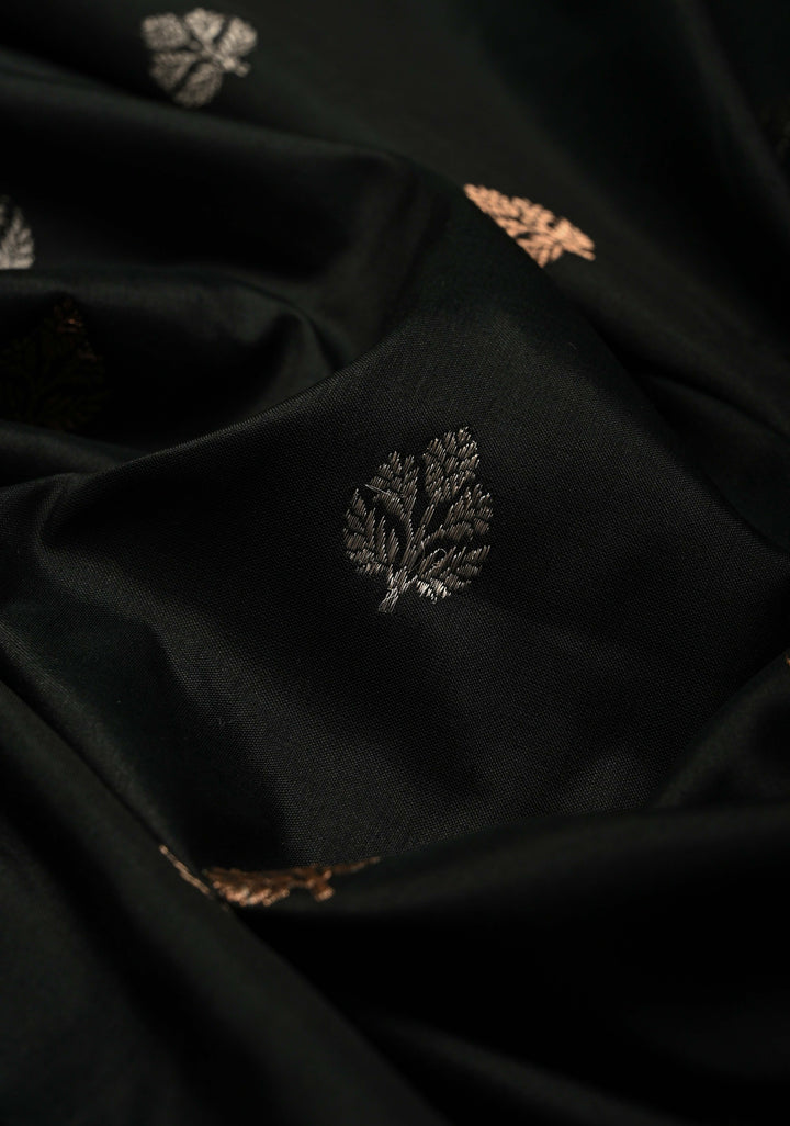 Black Katan Silk Handloom Saree with Sona Rupa Zari Buttas and Scallop Zari Border | SILK MARK CERTIFIED | SHOBITAM