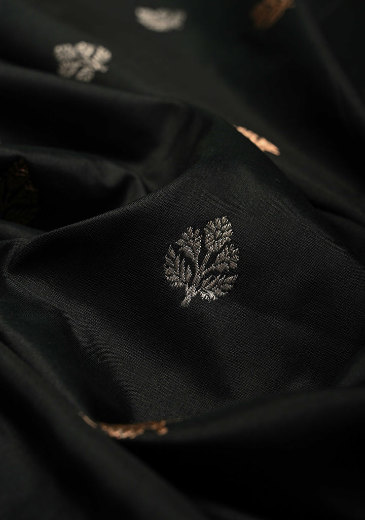 Black Katan Silk Handloom Saree with Sona Rupa Zari Buttas and Scallop Zari Border | SILK MARK CERTIFIED | SHOBITAM